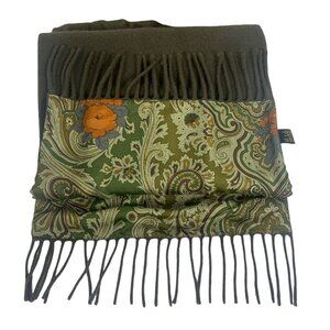 Reversible Army Green Wool w/ Silk Paisley Fringe Opera Scarf Made In Italy EUC